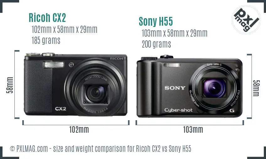 Ricoh CX2 vs Sony H55 size comparison