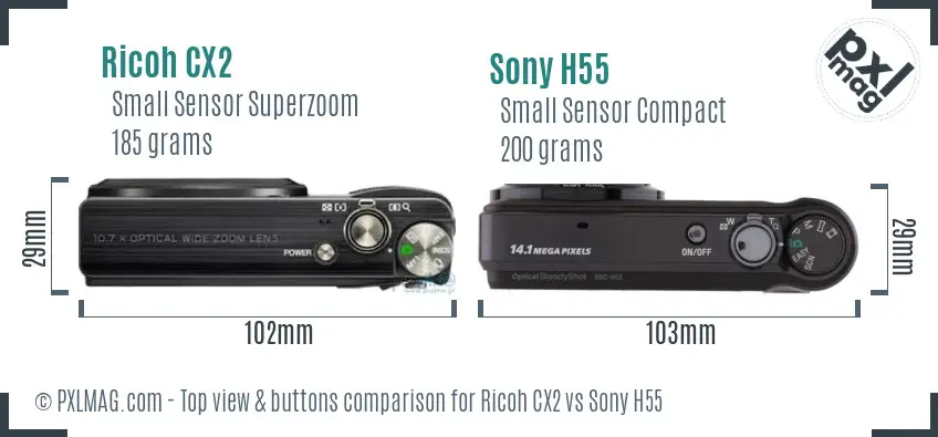 Ricoh CX2 vs Sony H55 top view buttons comparison