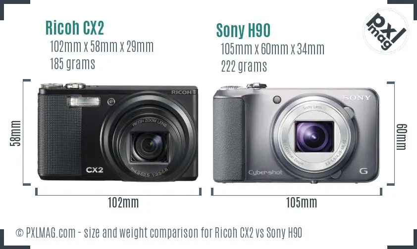 Ricoh CX2 vs Sony H90 size comparison