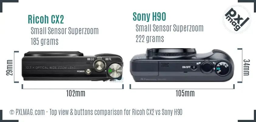 Ricoh CX2 vs Sony H90 top view buttons comparison