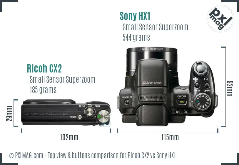 Ricoh CX2 vs Sony HX1 top view buttons comparison Ricoh CX2 vs Sony HX1 top view buttons comparison