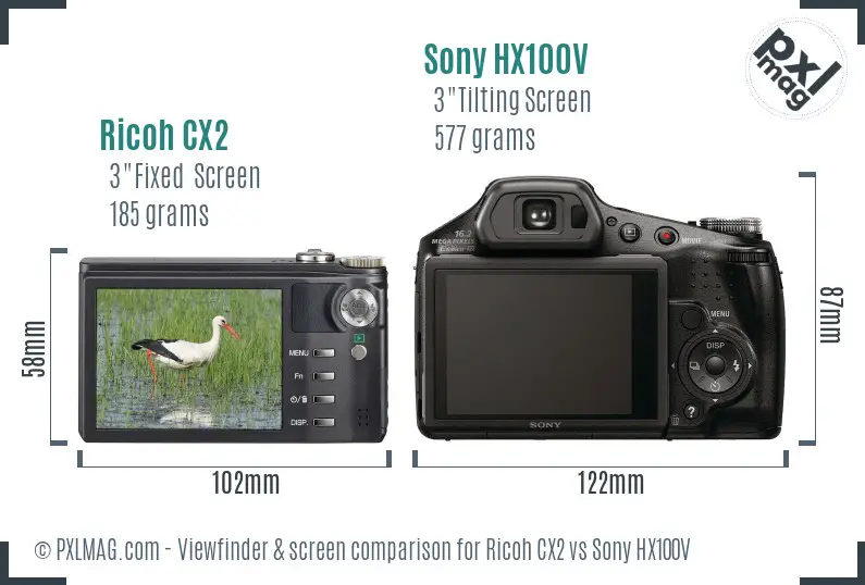 Ricoh CX2 vs Sony HX100V Screen and Viewfinder comparison