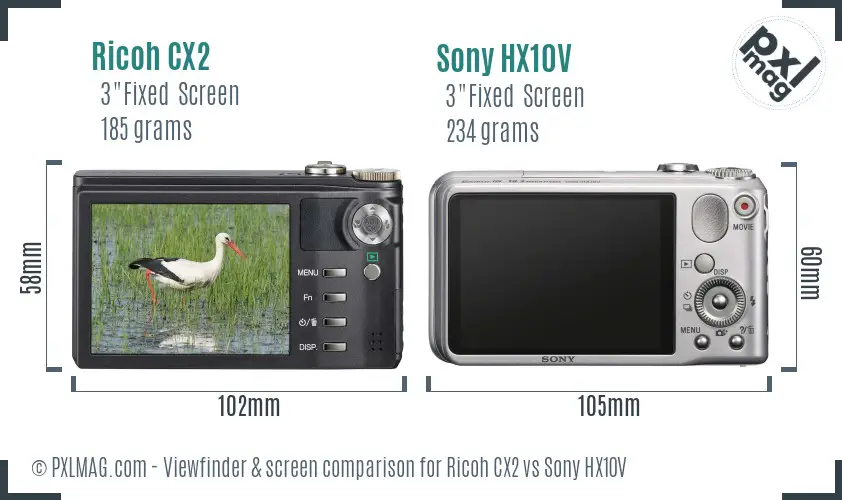 Ricoh CX2 vs Sony HX10V Screen and Viewfinder comparison