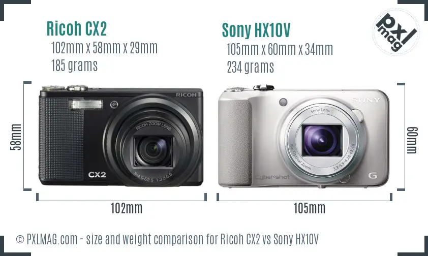 Ricoh CX2 vs Sony HX10V size comparison