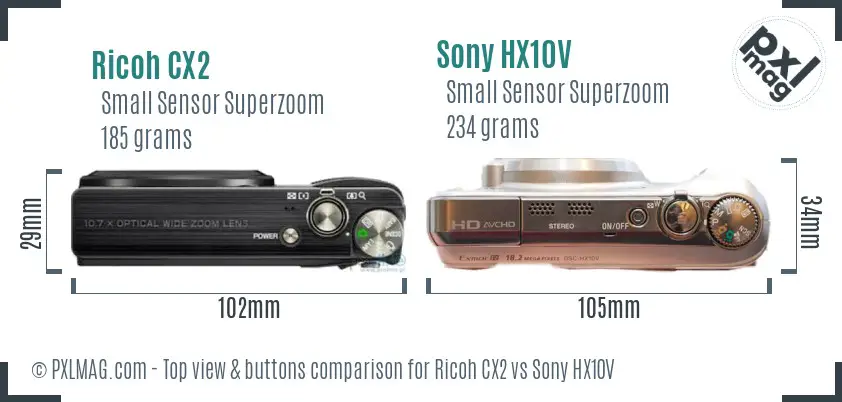 Ricoh CX2 vs Sony HX10V top view buttons comparison