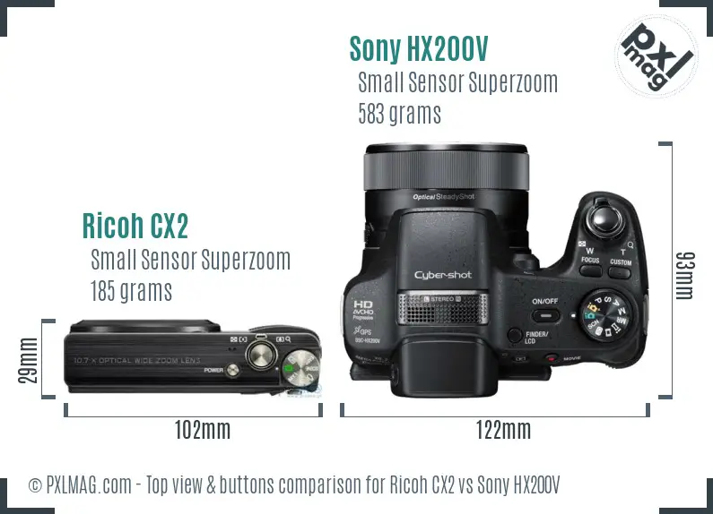 Ricoh CX2 vs Sony HX200V top view buttons comparison