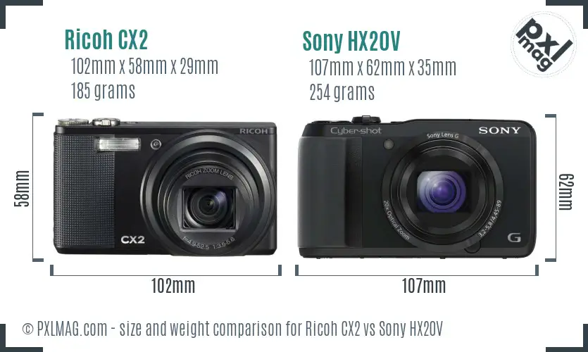 Ricoh CX2 vs Sony HX20V size comparison