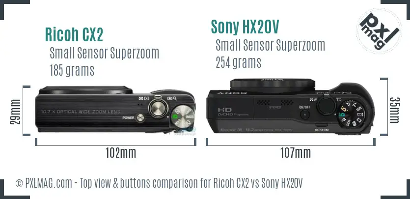 Ricoh CX2 vs Sony HX20V top view buttons comparison