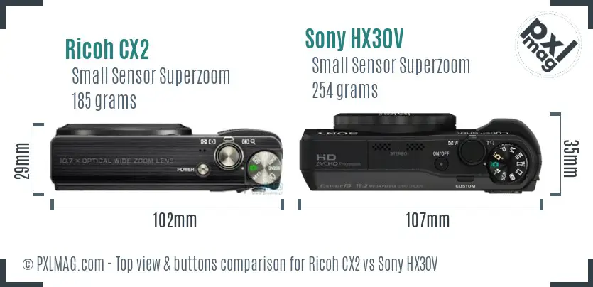 Ricoh CX2 vs Sony HX30V top view buttons comparison