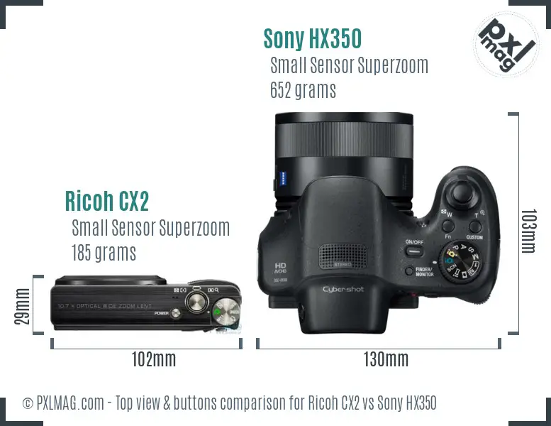 Ricoh CX2 vs Sony HX350 top view buttons comparison