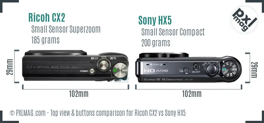 Ricoh CX2 vs Sony HX5 top view buttons comparison