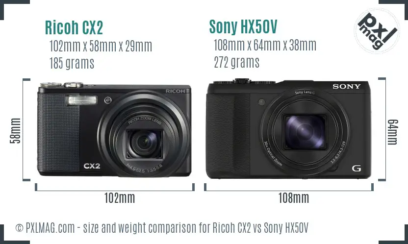 Ricoh CX2 vs Sony HX50V size comparison