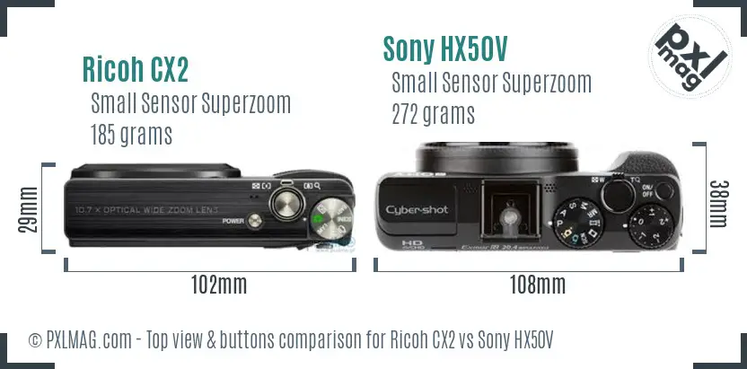 Ricoh CX2 vs Sony HX50V top view buttons comparison