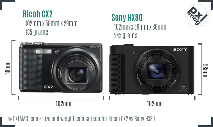 Ricoh CX2 vs Sony HX80 size comparison