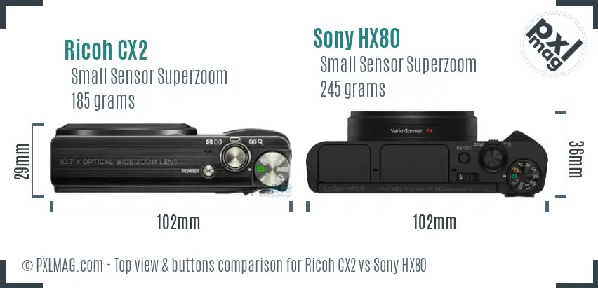 Ricoh CX2 vs Sony HX80 top view buttons comparison