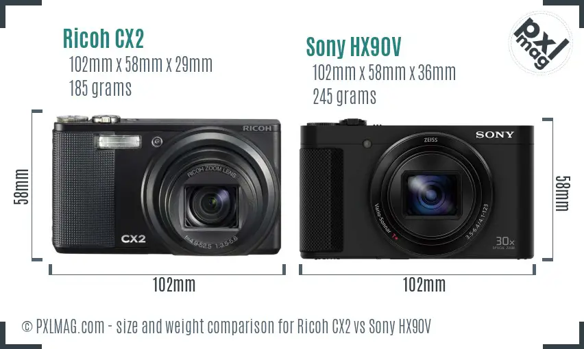 Ricoh CX2 vs Sony HX90V size comparison