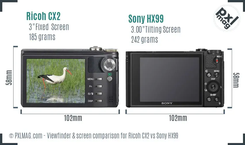 Ricoh CX2 vs Sony HX99 Screen and Viewfinder comparison