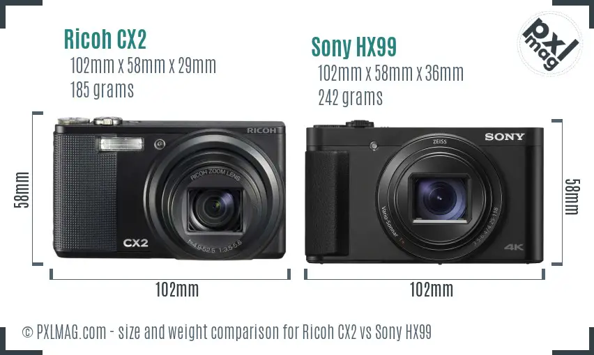 Ricoh CX2 vs Sony HX99 size comparison
