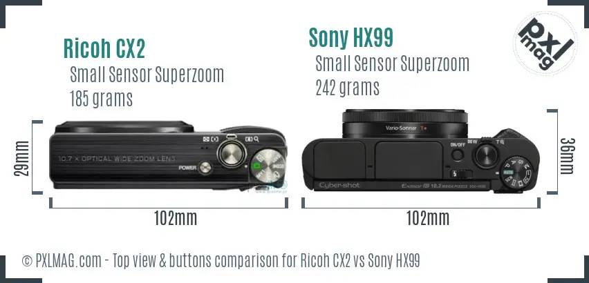 Ricoh CX2 vs Sony HX99 top view buttons comparison