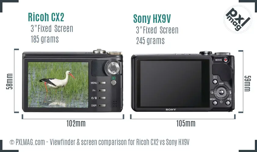 Ricoh CX2 vs Sony HX9V Screen and Viewfinder comparison