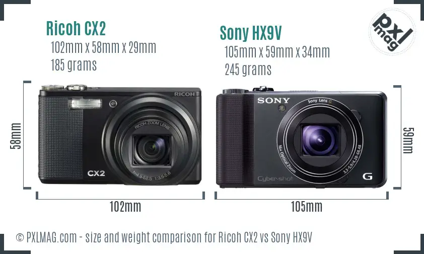 Ricoh CX2 vs Sony HX9V size comparison
