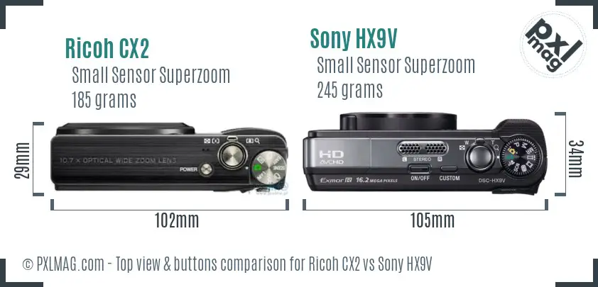 Ricoh CX2 vs Sony HX9V top view buttons comparison