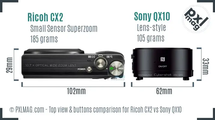 Ricoh CX2 vs Sony QX10 top view buttons comparison