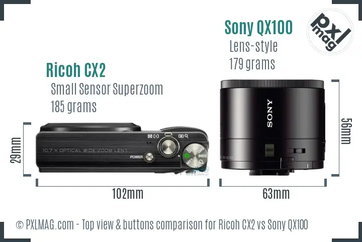 Ricoh CX2 vs Sony QX100 top view buttons comparison