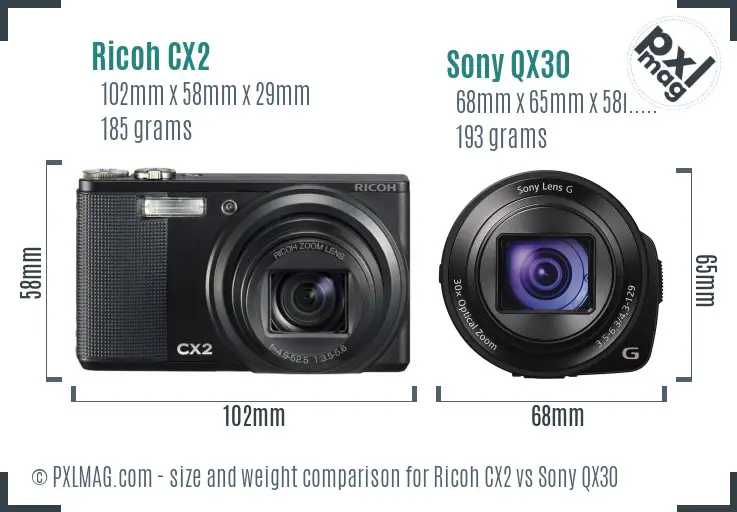 Ricoh CX2 vs Sony QX30 size comparison