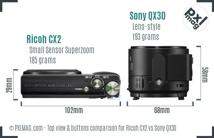Ricoh CX2 vs Sony QX30 top view buttons comparison