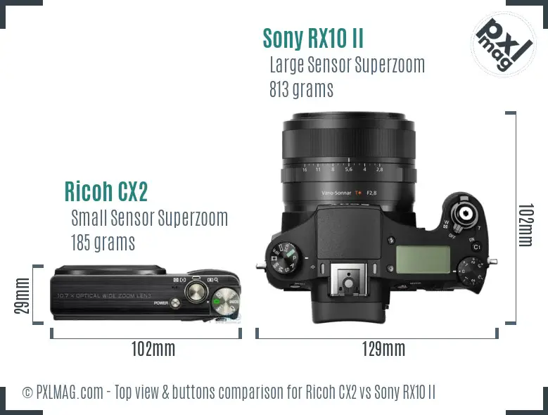 Ricoh CX2 vs Sony RX10 II top view buttons comparison