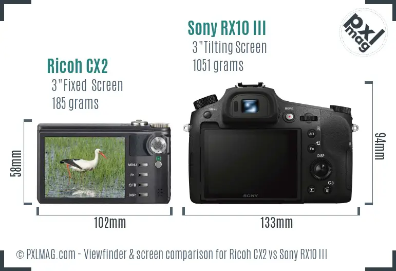 Ricoh CX2 vs Sony RX10 III Screen and Viewfinder comparison