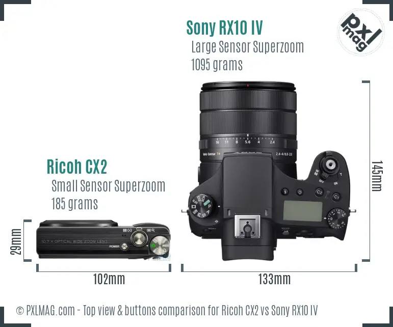 Ricoh CX2 vs Sony RX10 IV top view buttons comparison