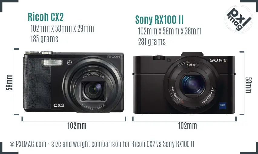 Ricoh CX2 vs Sony RX100 II size comparison