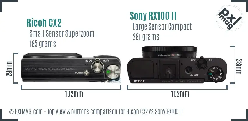 Ricoh CX2 vs Sony RX100 II top view buttons comparison