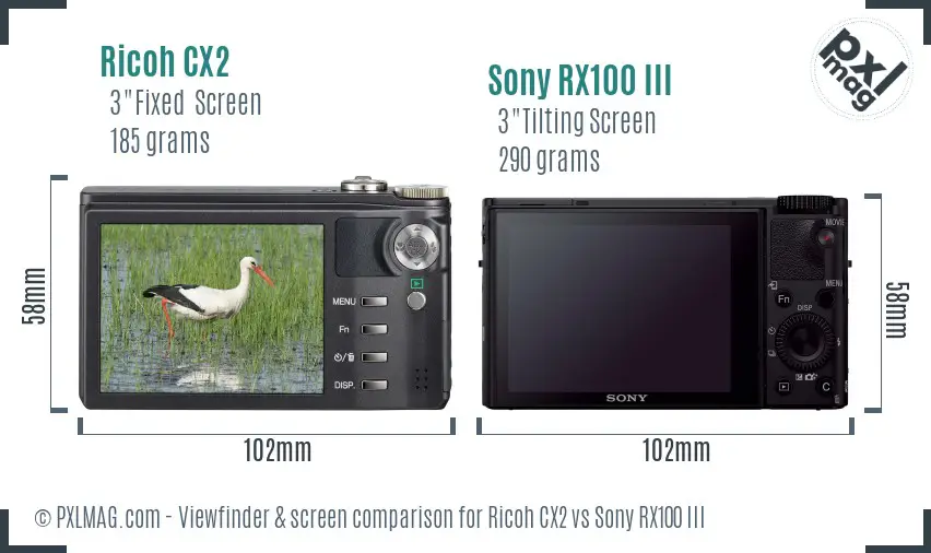 Ricoh CX2 vs Sony RX100 III Screen and Viewfinder comparison