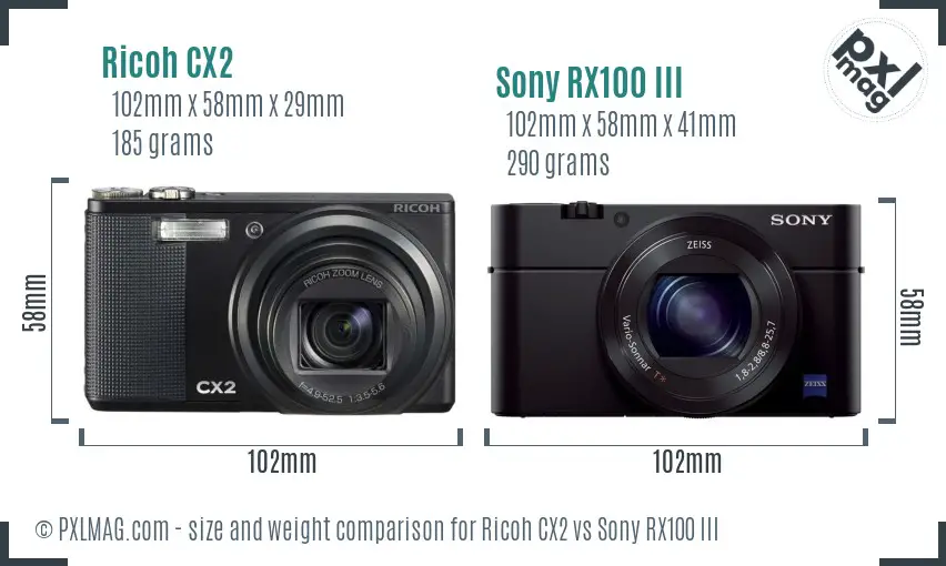 Ricoh CX2 vs Sony RX100 III size comparison