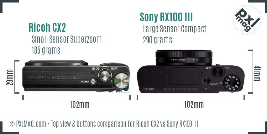 Ricoh CX2 vs Sony RX100 III top view buttons comparison