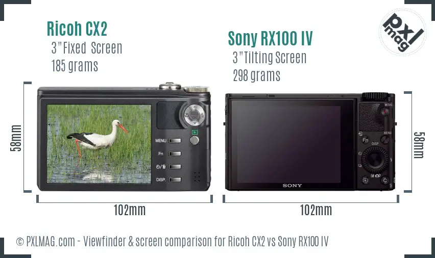 Ricoh CX2 vs Sony RX100 IV Screen and Viewfinder comparison