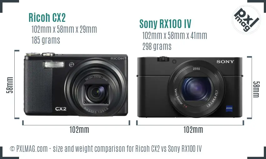 Ricoh CX2 vs Sony RX100 IV size comparison