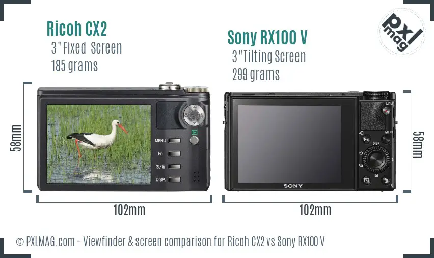 Ricoh CX2 vs Sony RX100 V Screen and Viewfinder comparison