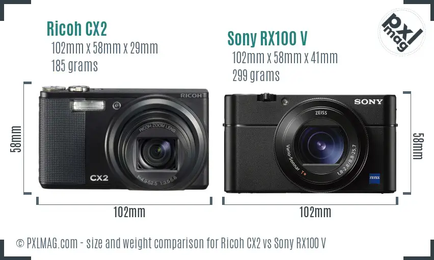 Ricoh CX2 vs Sony RX100 V size comparison