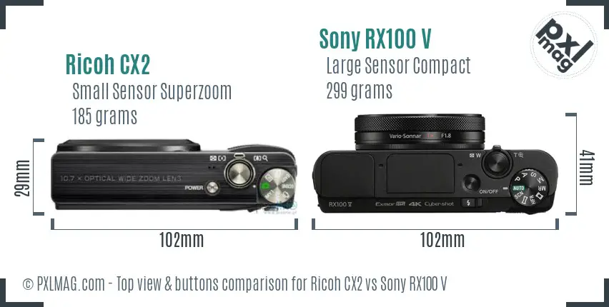 Ricoh CX2 vs Sony RX100 V top view buttons comparison