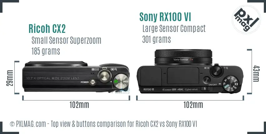 Ricoh CX2 vs Sony RX100 VI top view buttons comparison