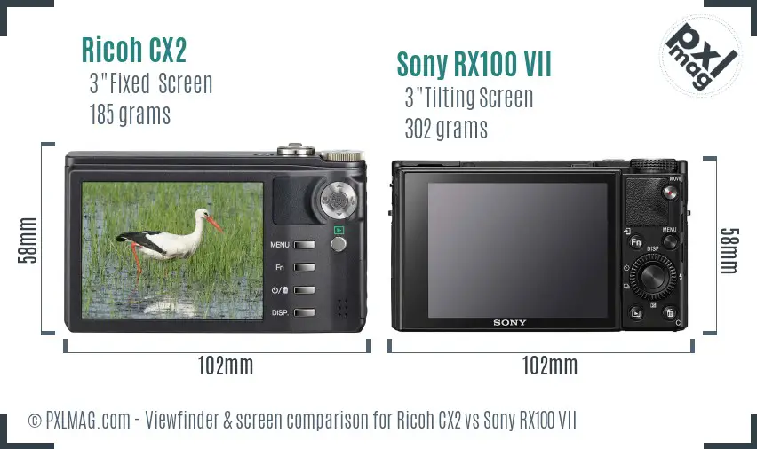 Ricoh CX2 vs Sony RX100 VII Screen and Viewfinder comparison