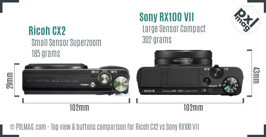 Ricoh CX2 vs Sony RX100 VII top view buttons comparison