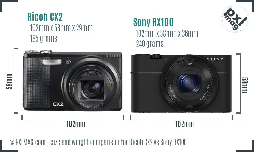 Ricoh CX2 vs Sony RX100 size comparison