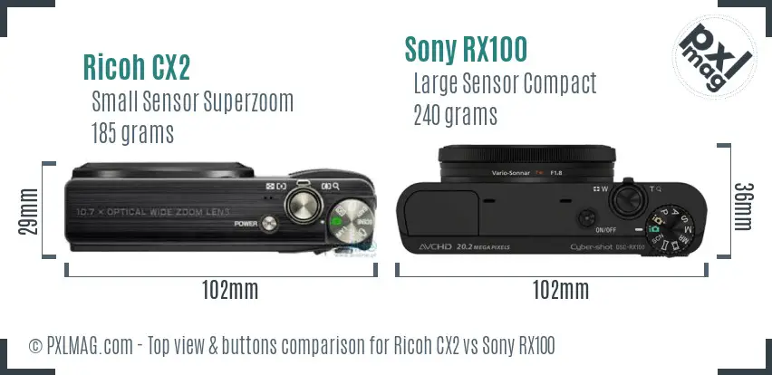 Ricoh CX2 vs Sony RX100 top view buttons comparison