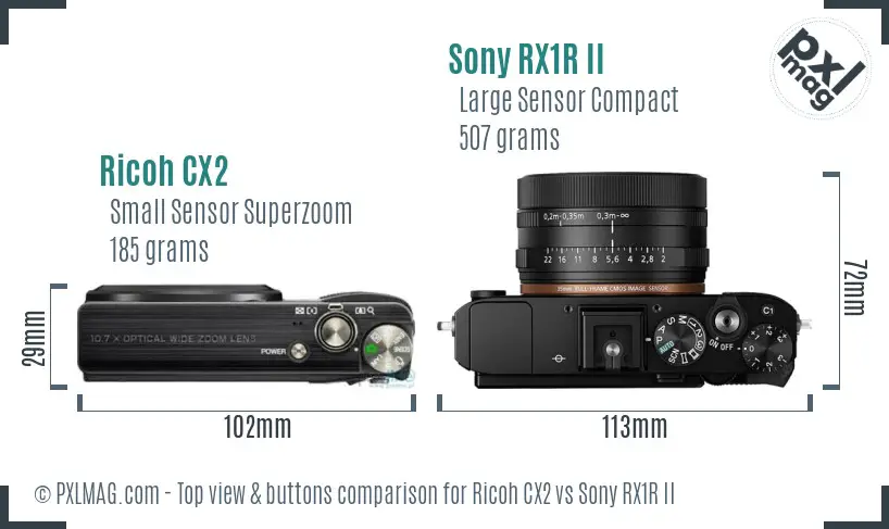 Ricoh CX2 vs Sony RX1R II top view buttons comparison