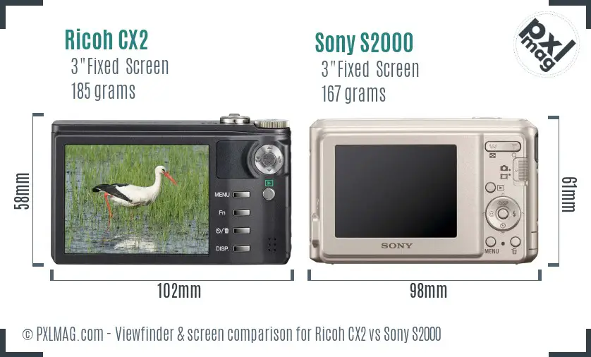 Ricoh CX2 vs Sony S2000 Screen and Viewfinder comparison